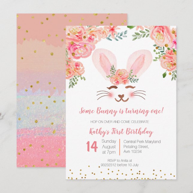 Bunny first birthday invitation girls floral (Front/Back)