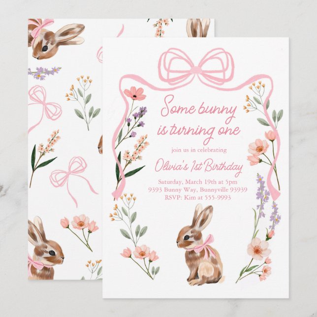 Bunny first birthday invitation wildflowers bow (Front/Back)