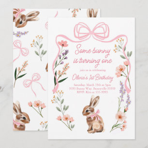 Bunny first birthday invitation wildflowers bow