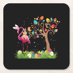 Bunny Flamingo Easter 2021 Cute Flamingo Lovers Square Paper Coaster