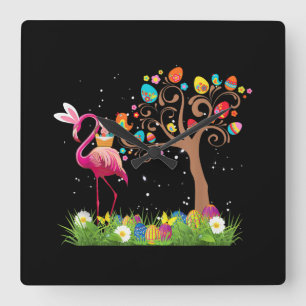 Bunny Flamingo Easter 2021   Cute Flamingo Lovers Square Wall Clock