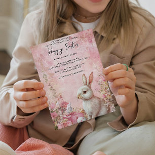 Bunny Floral and eggs pink happy Easter Invitation