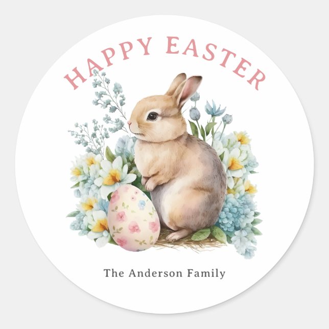 Bunny & Floral Egg Classic Round Sticker (Front)