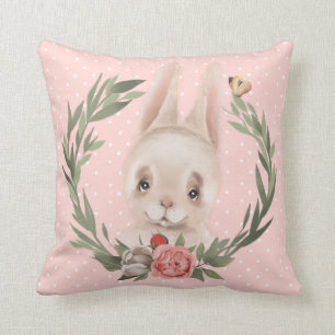 Bunny Floral Wreath  Throw Pillow