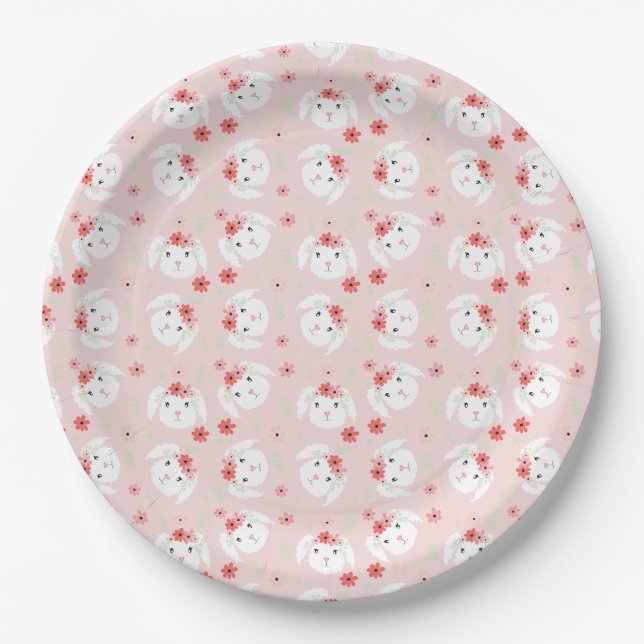 Bunny Flower Crown Pink Paper Plate (Front)