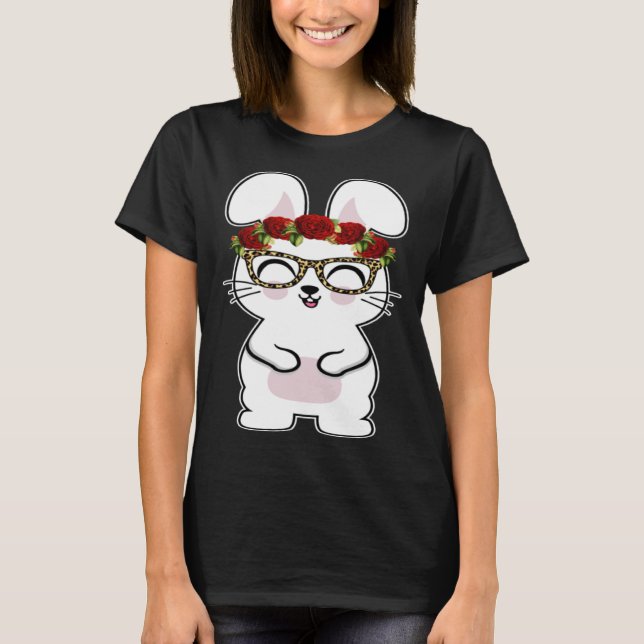 Bunny Flowers Leopard Print Glasses Happy Easter W T-Shirt (Front)