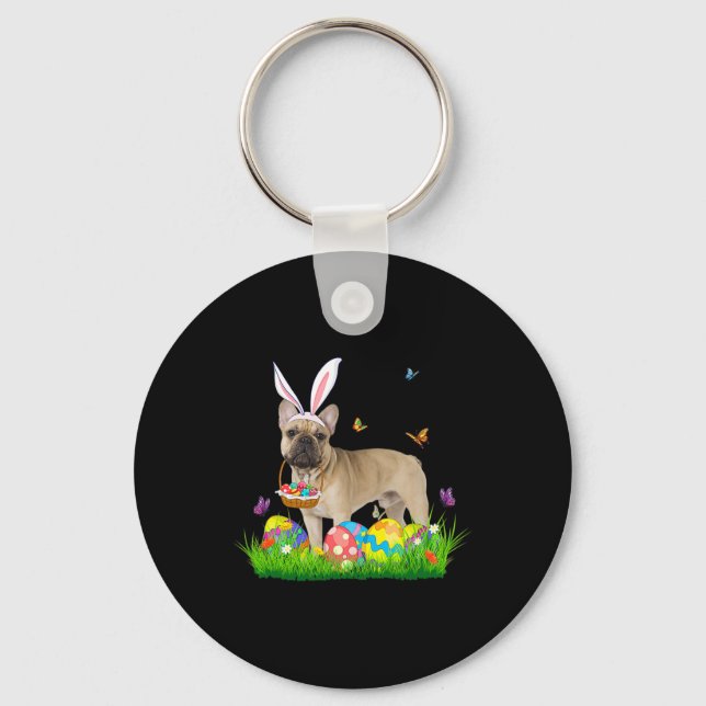 Bunny French Bulldog With Egg Basket Easter Huntin Keychain (Front)