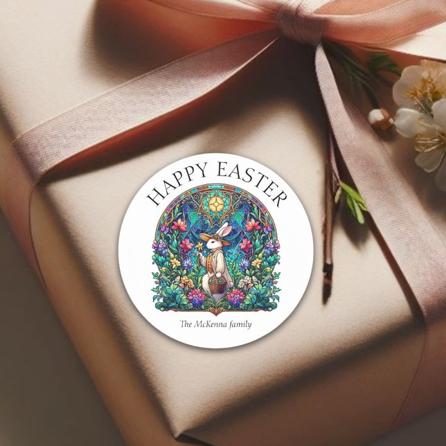 Bunny Gardener Colourful Stained Glass Easter  Classic Round Sticker (Creator Uploaded)