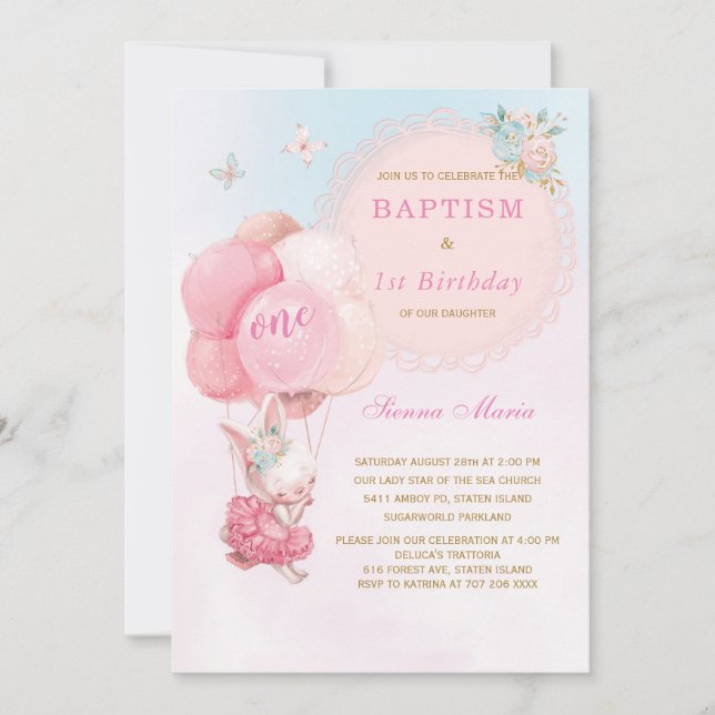 Bunny Girl First Birthday and Baptism Invitation (Front)