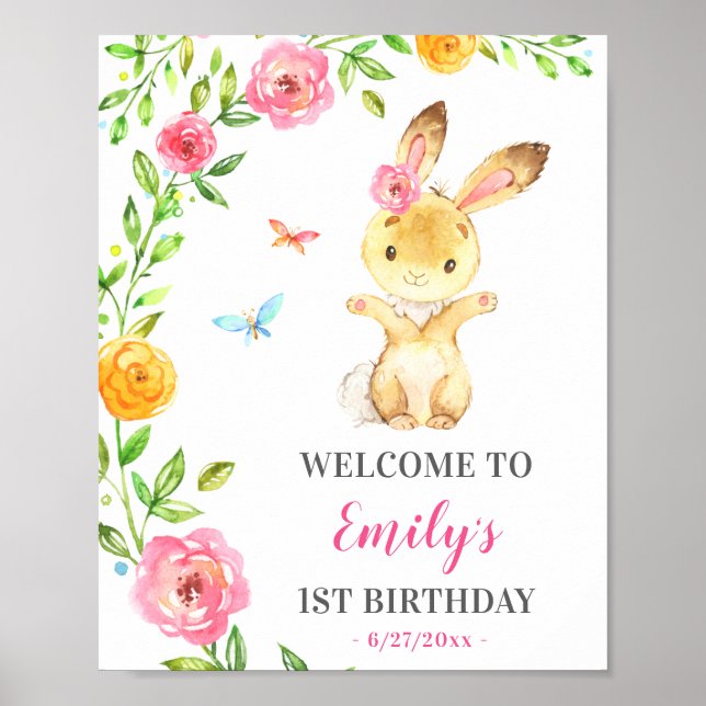 Bunny Girl First Birthday Colourful Animal Welcome Poster (Front)