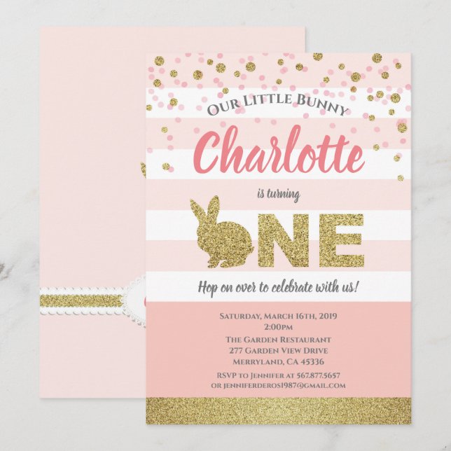 Bunny girl first birthday invitation pink and gold (Front/Back)