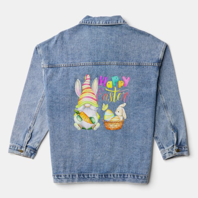 Bunny Gnome Rabbit Eggs Hunting Happy Easter Day   Denim Jacket (Back)