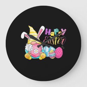 Bunny Gnome Rabbit Eggs Hunting Happy Easter Day Large Clock