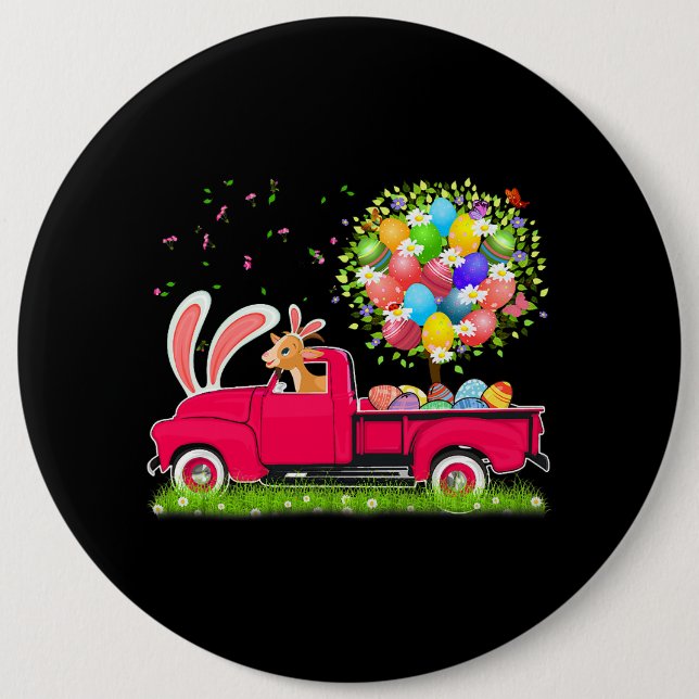Bunny Goat Riding Pickup Truck Easter Eggs Tree Fl 6 Inch Round Button (Front)