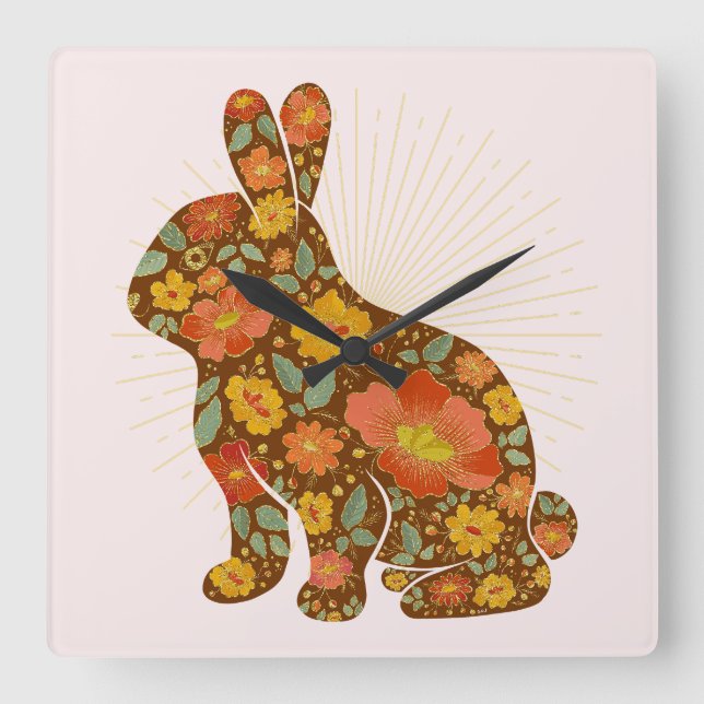 Bunny Gold Glitter Floral Pink Brown Square Wall Clock (Front)