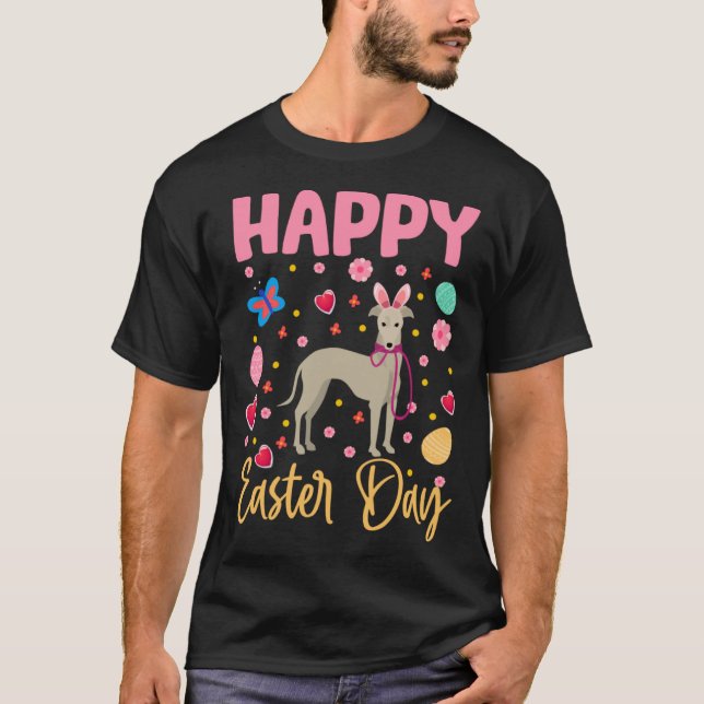Bunny Greyhound Colourful Eggs Hunting Happy Easte T-Shirt (Front)