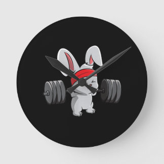 Bunny Gym Rabbit Ness Weightlifting Funny Art Round Clock