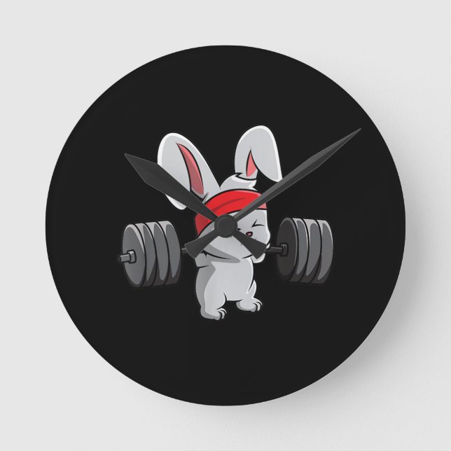 Bunny Gym Rabbit Ness Weightlifting Funny Art Round Clock (Front)