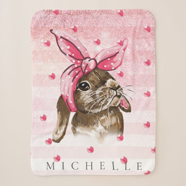 Bunny Hand painted glitter Personalized Sherpa Blanket (Front)