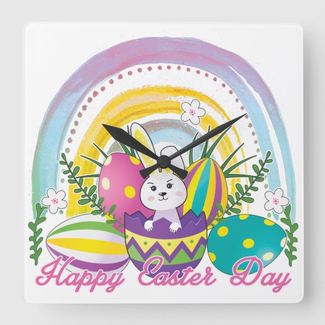 Bunny Happy Easter Day with Colours of the rainbow Square Wall Clock (Front)