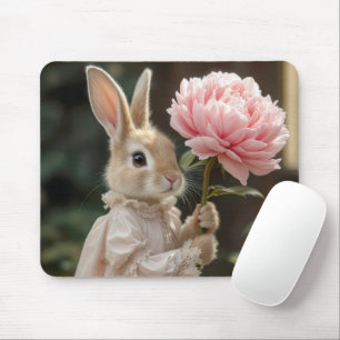 Bunny Holding a Pink Peony Mouse Pad