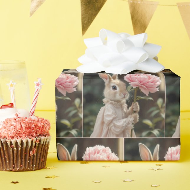 Bunny Holding a Pink Peony Wrapping Paper (Birthday Party)