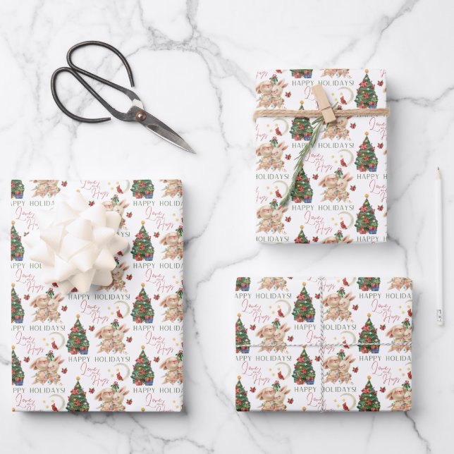 Bunny Holiday Wrapping Paper Flat Sheet Set of 3 (Front)