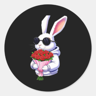 Bunny Hugging Valentine Flower Bunny  Classic Round Sticker