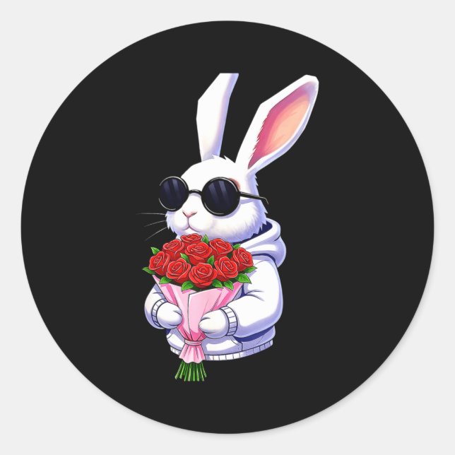 Bunny Hugging Valentine Flower Bunny  Classic Round Sticker (Front)