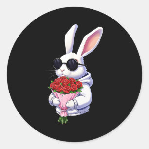 Bunny Hugging Valentine Flower Bunny Classic Round Sticker