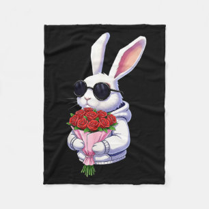 Bunny Hugging Valentine Flower Bunny  Fleece Blanket