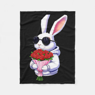Bunny Hugging Valentine Flower Bunny  Fleece Blanket