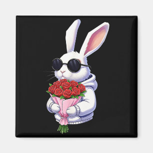 Bunny Hugging Valentine Flower Bunny  Magnet