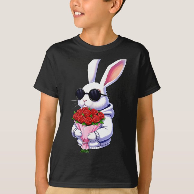 Bunny Hugging Valentine Flower Bunny  T-Shirt (Front)