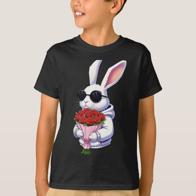 Bunny Hugging Valentine Flower Bunny  T-Shirt (Front)