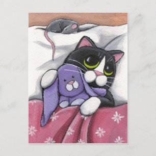Bunny Hugz Tuxedo Cat and Toy Bunny Illustration Postcard