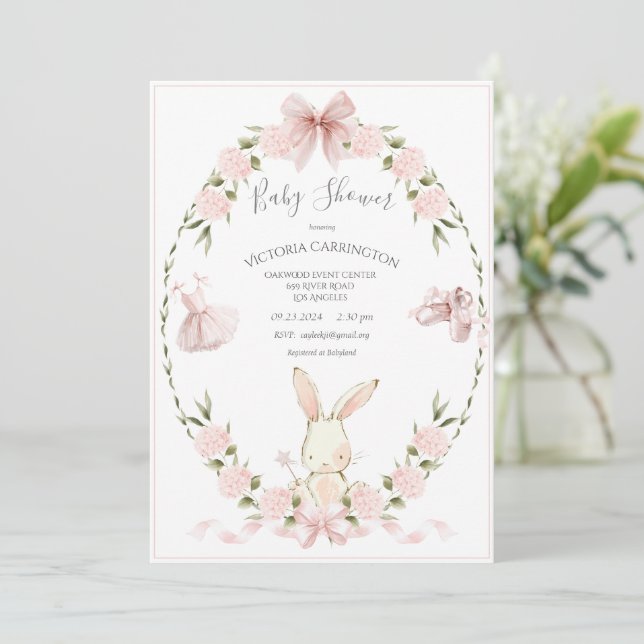 Bunny Hydrangeas Pink Girl Ballerina Baby Invitation (Standing Front)