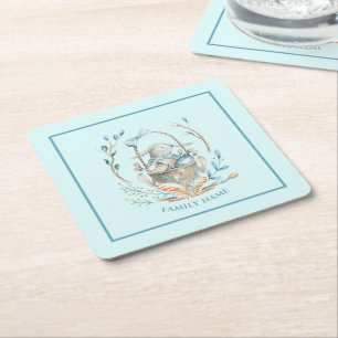 Bunny in a Easter basket Happy Easter text Square Paper Coaster