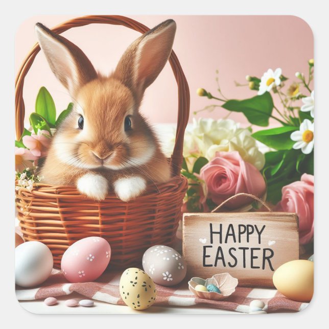 Bunny in an easter basket square sticker (Front)