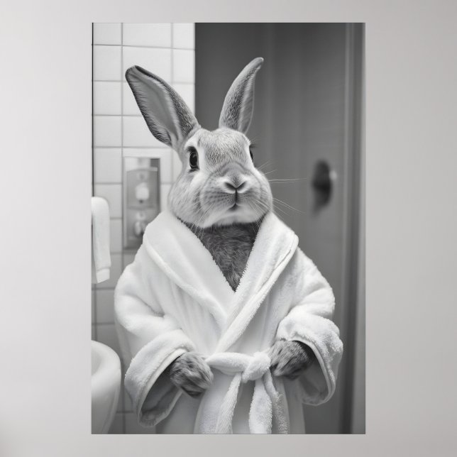 Bunny in Bathrobe Print, Funny Bathroom AI Art Poster (Front)