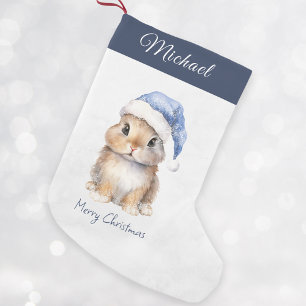  Bunny in Blue Santa's Hat Personalized  Small Christmas Stocking