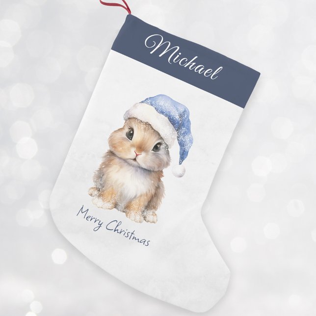  Bunny in Blue Santa's Hat Personalized  Small Christmas Stocking (Creator Uploaded)