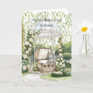 Bunny in Chest Green Leaves Floral Birthday Card
