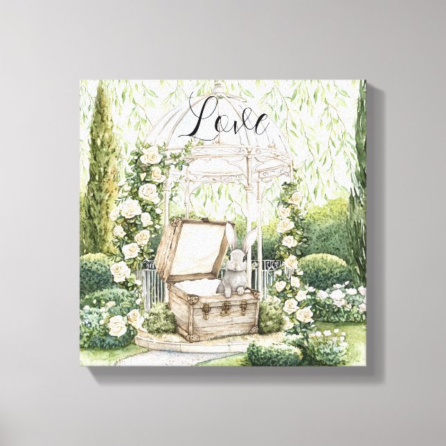 Bunny in Chest Green Leaves Floral Canvas Print (Front)