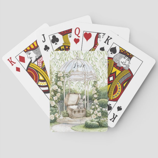 Bunny in Chest Green Leaves Floral Playing Cards (Back)