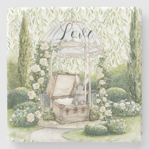 Bunny in Chest Green Leaves Floral Stone Coaster