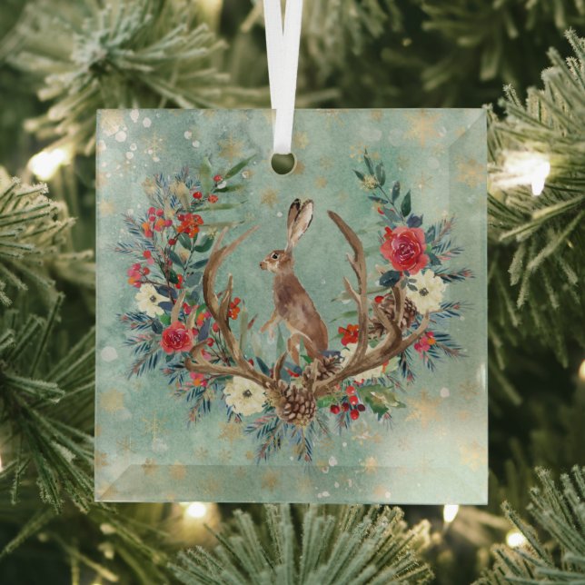 Bunny in Christmas Antlers Glass Ornament (Insitu)