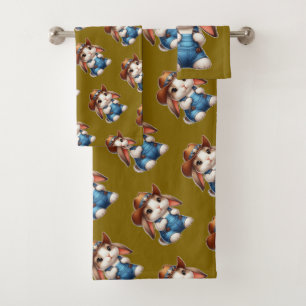 Bunny in Cowboy Outfit with Hat and Overalls Bath Towel Set