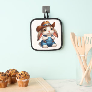 Bunny in Cowboy Outfit with Hat and Overalls Pot Holder