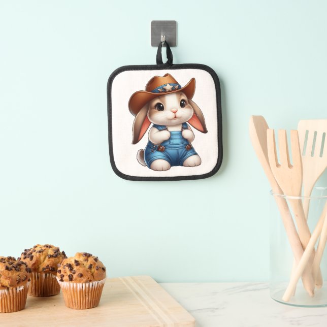Bunny in Cowboy Outfit with Hat and Overalls Pot Holder (Insitu(Hanging))